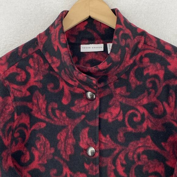SUSAN GRAVER Jacket M Baroque Floral Fleece Blazer Button Front Red Black - Picture 6 of 14